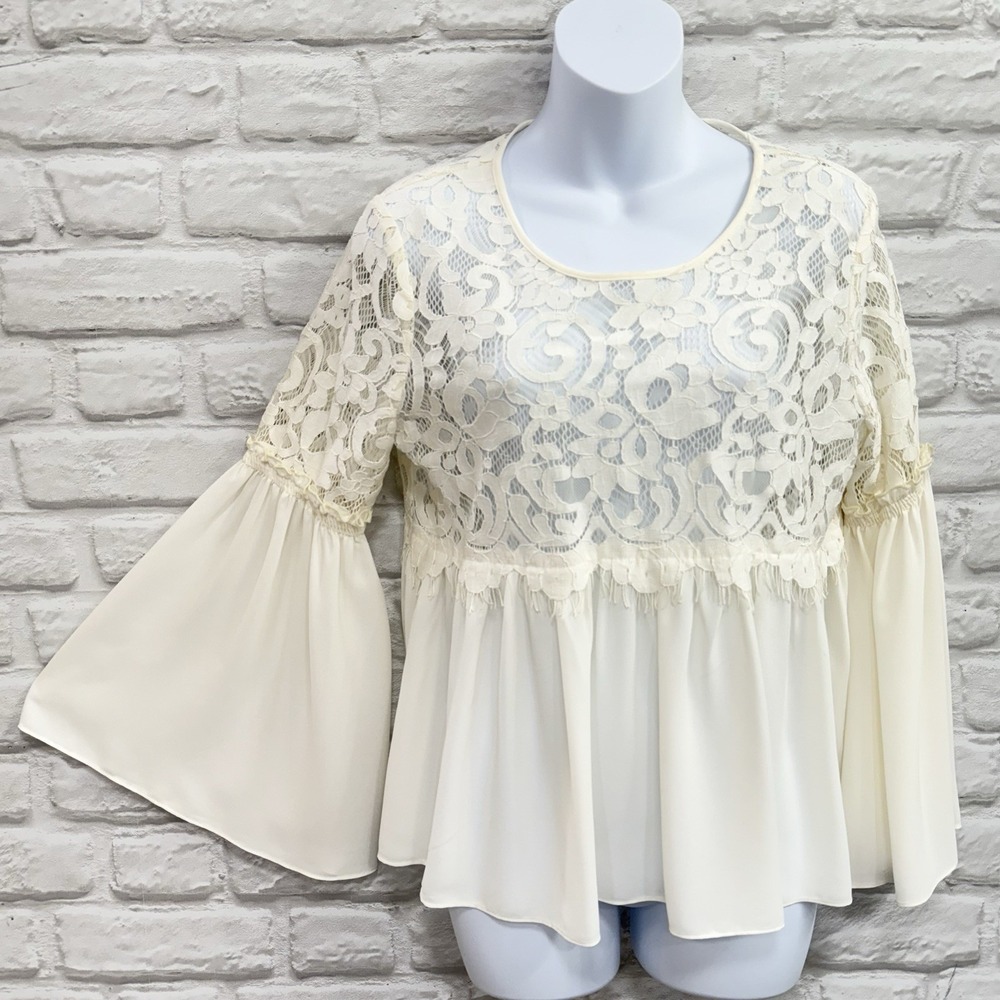 Bohemian Crochet Floral Sheer Lace Blouse S Bell Sleeves Fairy Cottage Tunic Top